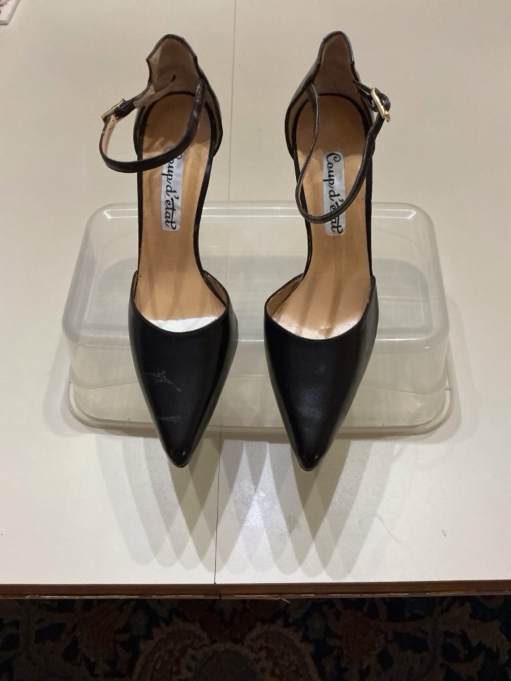 Pointed Black Ankle-Strap Heels by
